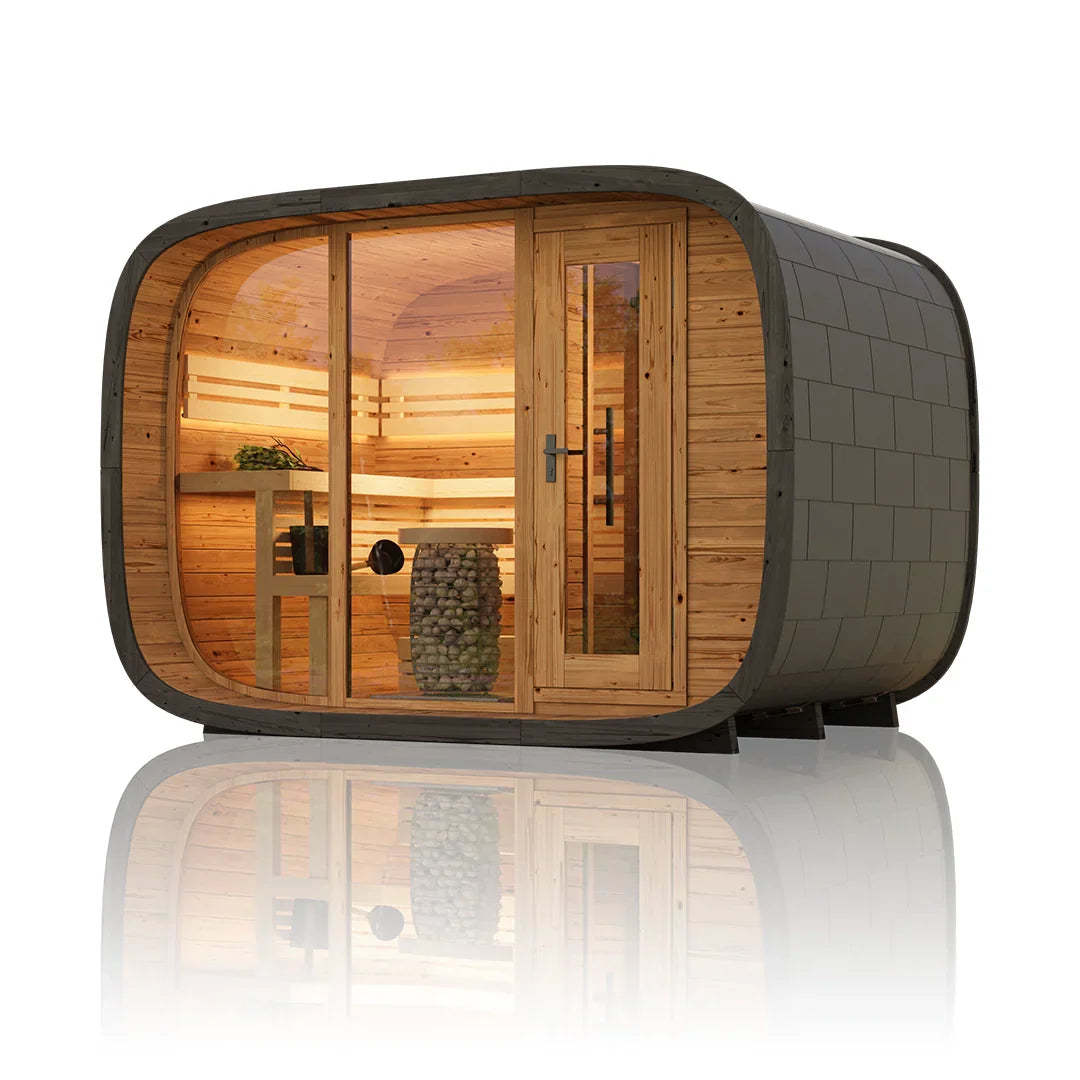 SAUNASNET Mirage Cube Outdoor Cabin Sauna With Changing Room (L-Bench) Round 03