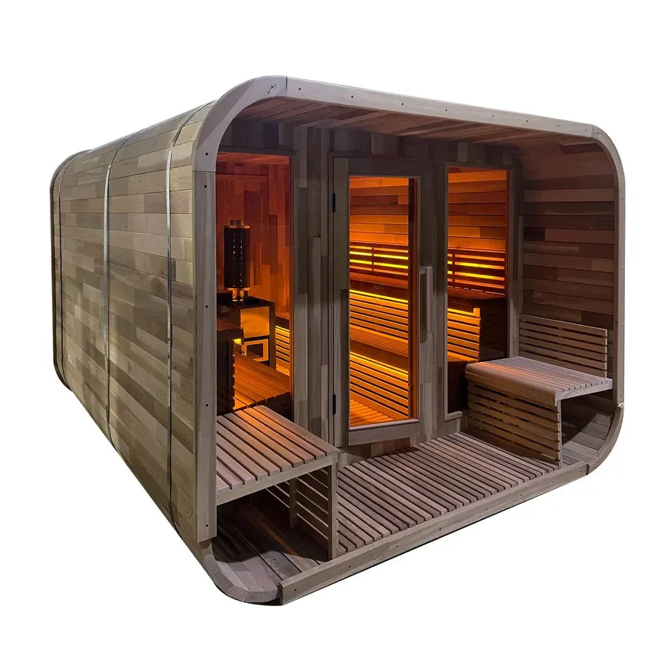 SAUNASNET Traditional Outdoor Cube Sauna Cabin with Front Porch Square 03